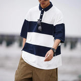 Advbridge Japanese Style Summer New Men's Turn-down Collar Spliced Striped Button Fashion Vintage Loose Half Sleeve Tops T-shirt
