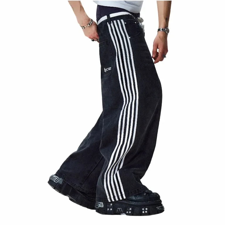 Advbridge Y2K Jeans Harajuku Hip Hop Striped Graphic Baggy Jeans Black Pants Mens Womens Gothic High Waist Wide Leg Trousers Clothes