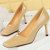 Advbridge Fashion Women 8.5cm High Heels Pumps Brown Glossy Leather Shallow Stiletto Heels Lady Wine Red Nude Office Square Toe Prom Shoes