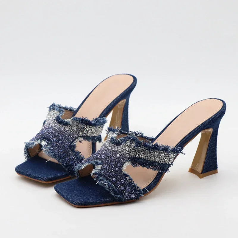 ADVBRIDGE  -  Luxury Design Crystal Rhinestone Women Slippers Sandal Blue Denim Summer 8CM Slides High Heels Sexy Square Toe Party Dress Shoes