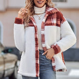 Advbridge Winter Casual Thick Spliced Lapel Loose Long Sleeve Plush Jackets for Women Turndown Neck Warmer Winter Grid Jackets