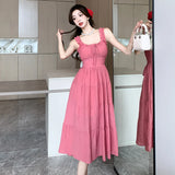 ADVBRIDGE  -  Summer Rose Pink Suspenders Strap Dresses Sweet Women Square Collar Ruffle Cute Backless Sexy Elegant Dress Female Casual