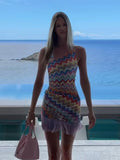 ADVBRIDGE  -  Fringe Printed Women Halter Dress Striped Slim Fit Sexy Bikini Vest Camisole Patchwork Beach Tassel Short Strap Dresses Summer