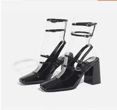 Advbridge New Retro French Square Toe Women High Heel Pumps Sexy Strappy Buckle Black Sandals Chunky High Heels Party Shoes