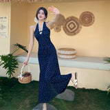 ADVBRIDGE  -  French Style Lace Halter V-neck Floral Dresses for Women Summer Blue Print Sweet Retro Long Dress Lady Casual Vacation Vestidos