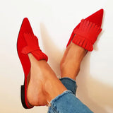 Advbridge Chic Tassel Pointed Toe Low Heels Slipper Woman Purple Green Suede Slip On Woman Fringe Mules Slingbacks Shoes