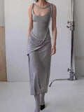 Advbridge Grey Large U-Neck Pure Cotton Dress For Women, Casual And Comfortable, With Irregular Waistband And Slimming Long Skirt