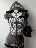 Advbridge Women's Short sleeve Hoodies Y2k Aesthetic Slim Vintage Letter Hooded Harajuku High Street Korea Hot Girl Zip up Hoodies Clothes