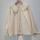 Advbridge 2025 Spring Summer New Long Sleeve Women's Cotton Shirt Loose Sweet Big Collar Flower Embroidered Basic White Casual Preppy Top