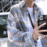 ADVBRIDGE  -  Autumn Thick Woolen Shirt Men Fashion Retro Casual Oversized Plaid Shirts Mens Korean Blue/Green Loose Long-sleeved Shirt Men