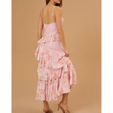 ADVBRIDGE  -  Women Floral Print Lace Patchwork Sleeveless V-Neck Backless Irregular Tiered Ruffle Layered A Line Long Slip Dress