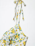 ADVBRIDGE  -  Women Apricot with Orange Floral Print Bow Lacing Up Strap Sling Dress French Style Retro Summer Short Dresses Holiday Robe