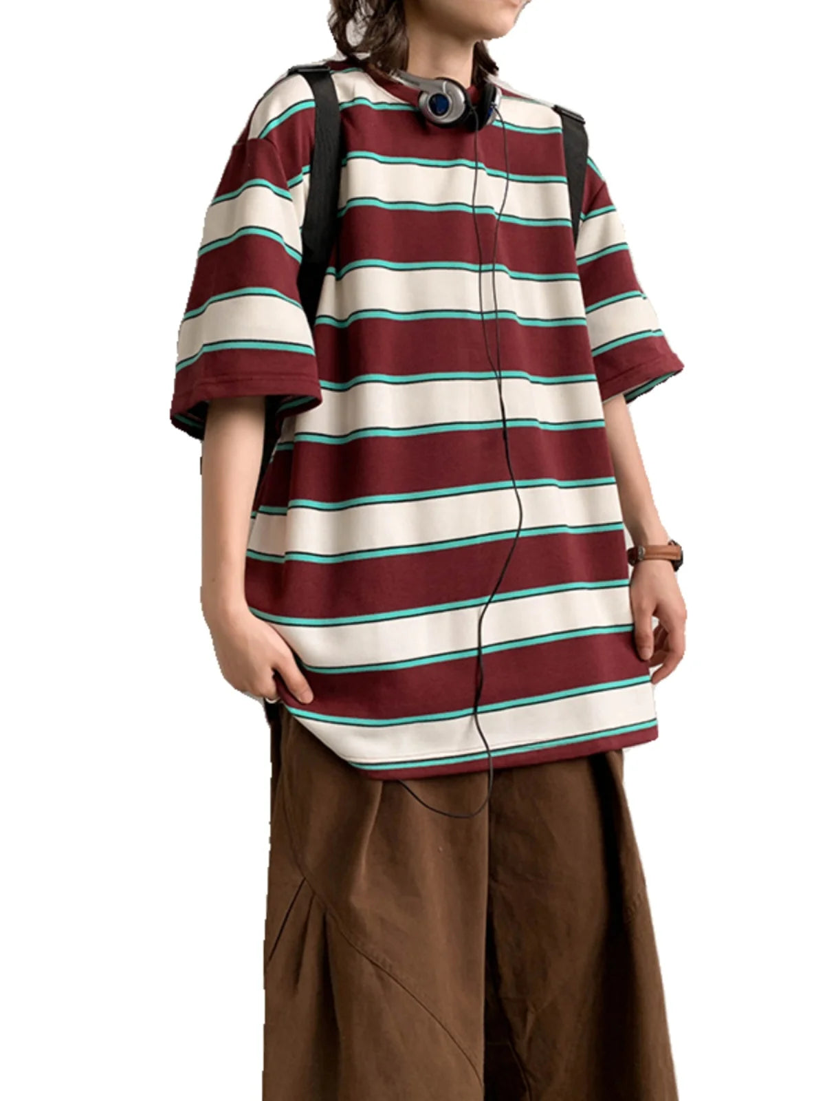 ADVBRIDGE  -  Heavy Cotton Men's Short Sleeve T Shirt Striped Summer Cotton Bottom Shirt Half Sleeve Long Fleece Cotton T Shirt Q250