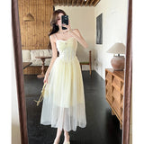 ADVBRIDGE  -  Women's Spaghetti Strap Dresses for Sweet Lace Strapless Sexy Mesh Vestidos Elegant Apricot Summer French Style Fairy Dress