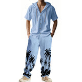 ADVBRIDGE  -  Daily Casual Loose Two Piece Suits Men Summer Fashion Pattern Print Outfits Mens Short Sleeve Hooded Shirts And Pants Loose Sets