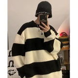 Advbridge Korean style patchwork striped sweater for men in autumn and winter lazy loose knitted sweater round neck retro trendy sweater