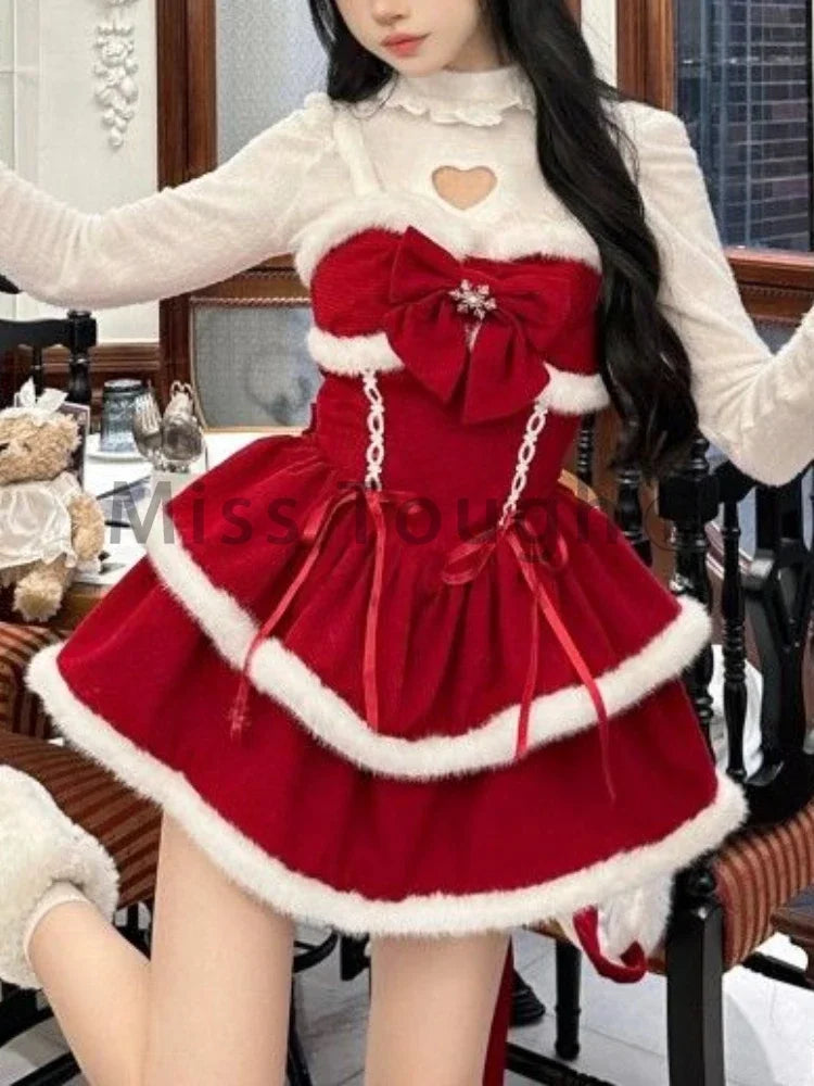 Advbridge Winter Kawaii Sweet Red 3 Piece Set Women Japanese Fashion Lolita Lace Up Pretty New Suits Cute Dress + Solid Top + Hoodie Cloak