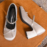 ADVBRIDGE  -  High Heels Women's Spring/Autumn New Butterfly Knot Water Diamond Strap Womens Shoes Round Head Mary Jane Single Shoes Women