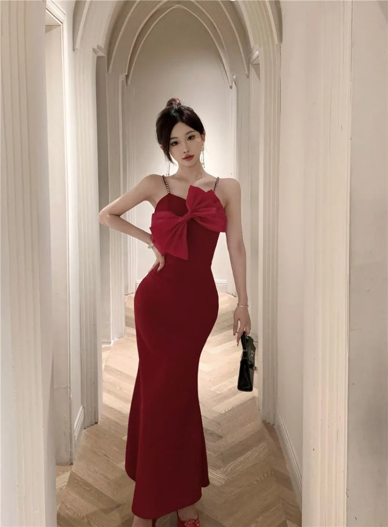 Advbridge -  Korean Sweet Hot Girl Elegant 3D Big Bow Strap Dress Women's Autumn Beading Slim Fit Long Mermaid Dress Fashion Female Clothes