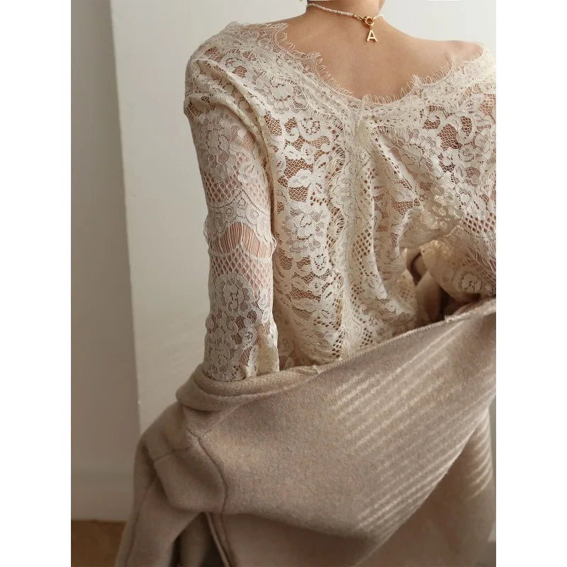 Advbridge Elagant Lace Transparent Blouse Women Youthful V Neck Long Sleeve Shirt Female Vintage Luxury 2024 Spring Aesthetic Korean