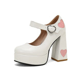 Advbridge Sexy Heart Shaped Women Super High Heels Pumps Spring Autumn Round Toe Platform Buckle Strap Shallow Mary Jane Shoes White Pink