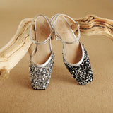 Advbridge Fashion Sequin Bling Bling Ankle Strap Women Slingback Glitter Sandals Square Toe Block High Heels Ladie Party Wedding Shoes 48
