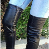 ADVBRIDGE  -  Chunky Heels Over Knee Boot Women Thigh High Flat Boots Ladies Solid Color Shiny Leather Large Boots Black Slim Shoes De Mujer
