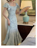 Advbridge Elegant Evening Party Midi Dresses for Women Summer French Vintage Halter Print Mermaid Slim Female Clothes Blue Dress Robe