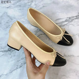 Advbridge Large 43 Multi-Color Bow Ballet High Heels Spring and Autumn Round Toe Fight Work Outside Wearing Block Heel Women's Shoes