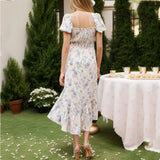 Advbridge Retro French Style Bra chest V neck White Blue Flower Print Women Midi Dress Puff Sleeve Ruffles Hem Tea Robe Femme Vestido