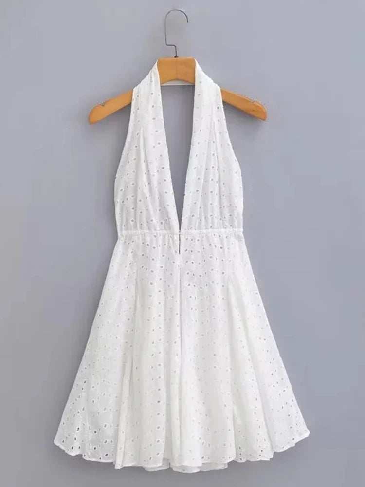 Advbridge White Beach Summer Dress Women Backless Cotton Lace Short Autumn Sundress Women Clothing Halter A-line Pleated Dress