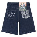 Advbridge Hip Hop Pockets Embroidery Letter Print Jeans Shorts for Men Summer Retro Oversized Wide Leg Denim Knee Lenght Pants
