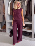 Advbridge Women Pants Set O-neck Knitted Single Breasted Vest Loose Elastic Waist Wide Leg Pants Suit Lady 2025 Spring Female Outfits ﻿