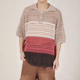 Advbridge Men Luxury Knit Polo Shirt Breathable Casual Hollow Out T Shirt Fashion Turn-down Rainbow Striped Short Sleeve Fishnet Tops Tees