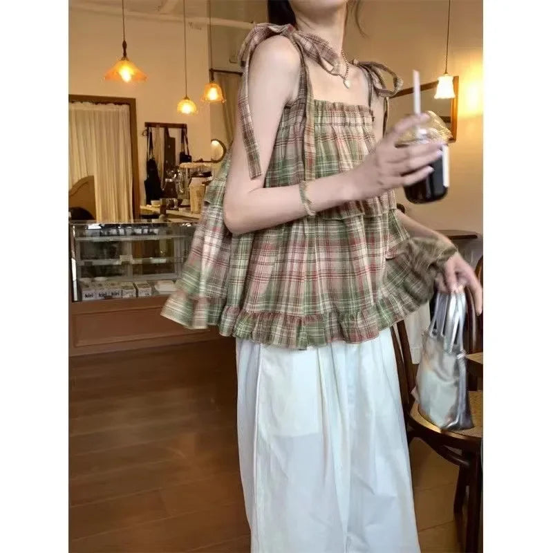 Advbridge Women's Vintage Plaid Cropped Tank Top Sweet Style Square Collar Mini Fresh Look Doll Blouse Short Length Fashion Outfit