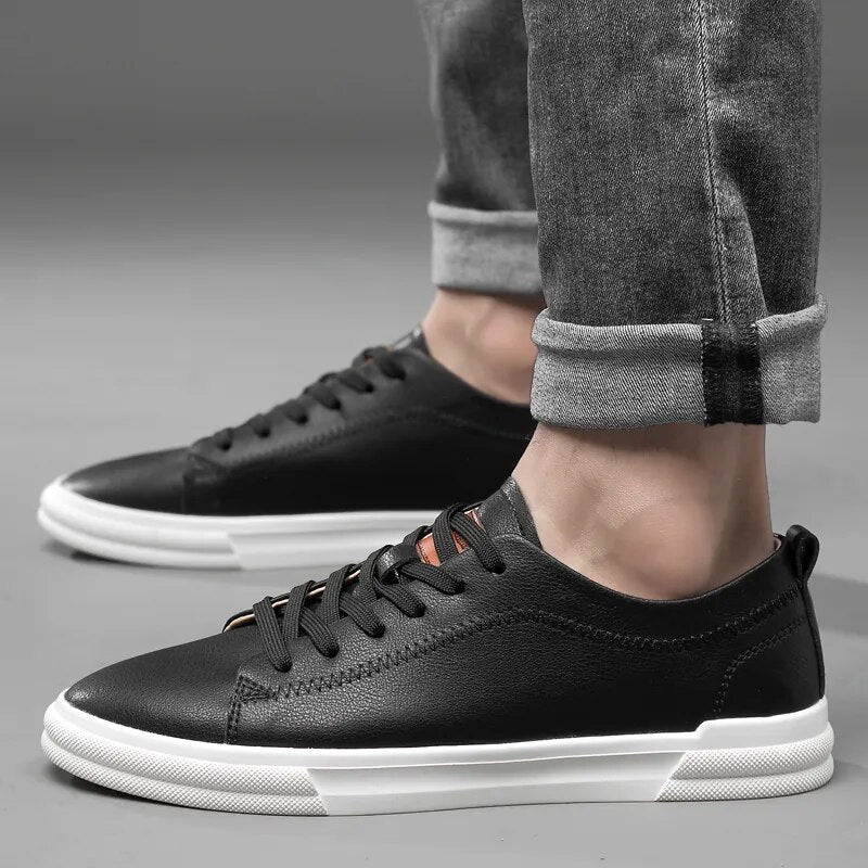 Advbridge White Fashion Men's Leather Sneakers Breathable Casual Loafer Shoes Mens Vulcanized Shoes Skate Shoes Men Tenis Masculino Comfy