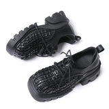 Advbridge New Square Head Knitted Leather Shoes For Women Lace Up Deep Mouth Sponge Cake Shoes Neutral Retro Height Boosting Single Shoes