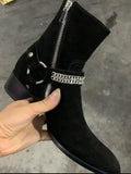 Advbridge Tan/Black Suede Leather Chains Harness Buckle Men Boots Stacked Heel Anke Boots Side Zip Men Fashion Boots Men Shoes