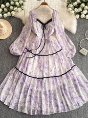 Advbridge Elegant Floral Printed Midi Dresses for Women Lantern Sleeves Square Collar A-line Evening Party Dress Autumn Chic Prom Robe