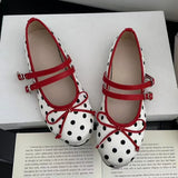 ADVBRIDGE  -  Retro Red Polka Dot Mary Jane Shoes Women Fashion Narrow Band Buckle Bowknot Flat Sandals Women Comfortable Elegant Casual Shoes