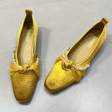 ADVBRIDGE  -  Elegant String Bead Silk Ribbon Knot Design Low Heel Mary Jane Shoes Woman French Style Yellow Square Toe Chunky Heel Loafers