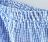 ADVBRIDGE  -  Blue Plaid Shorts 2 Piece Set V Neck Puff Sleeveless Lace-up Crop Blouse+Shorts Simple Casual Fashion Summer Suits For Women New