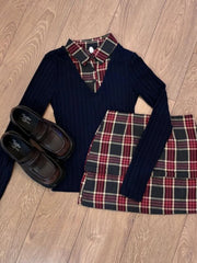 Advbridge Autumn Vintage Preppy Style Slim 2 Piece Set Women Chic Design Knit Sweater+check Mini Skirt Female Casual Patchwork Suit New