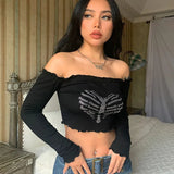 Advbridge - Black Off Shoulder Crop Top Women Summer Crystal Long Sleeve T Shirt Woman Party Club Streetwear Tee Shirt Femme