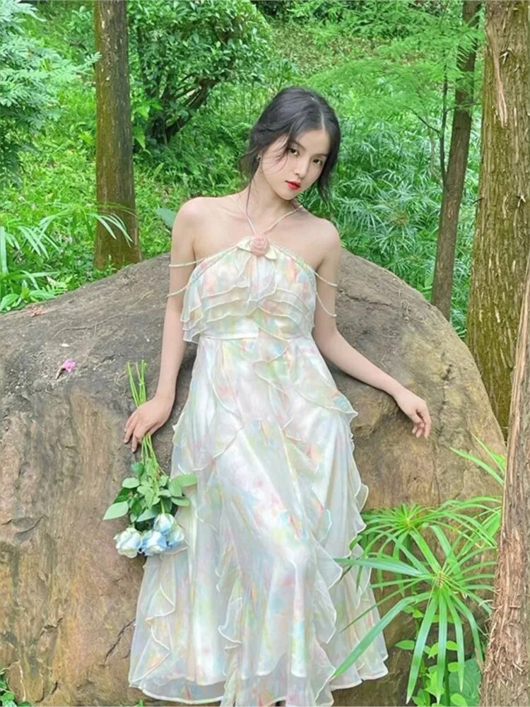 Advbridge France Vintage Sweet Tie-dyed Fairy Dress Summer Women Elegant Chic Ruffles Princess Dresses Female Casual Beach Vestidos