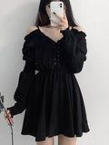 Advbridge Large Size Gothic Women Black Mini Dress Sexy Off Shoulder High Waist Tunic Ladies Party Dress Long Sleeve V Neck Vestidos