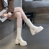 Advbridge 9CM Genuine Leather Women Boots Causal Knee High Boots Shoes Motorcycle Ankle Booties Platform Wedge Thick Sole Buckle Shoes