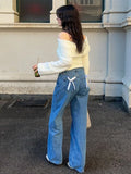 Advbridge Vintage Bow Straight Leg Jeans Women Loose Y2k Zipper Pockets High Waist Denim Trouser Female 2025 Spring Chic New Lady Outwears