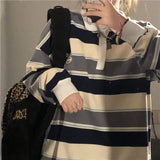 Advbridge Harajuku Style Retro Striped Hit Color Sweatshirt Polo Collar Pullover Female Sweatshirt Spring Autumn Loose Vintage Preppy Tops