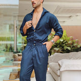 Advbridge Fashion Men Jumpsuits Solid Color Lapel Long Sleeve Casual Cargo Clothes Overalls Male Rompers Streetwear Girdle Waist Siamese